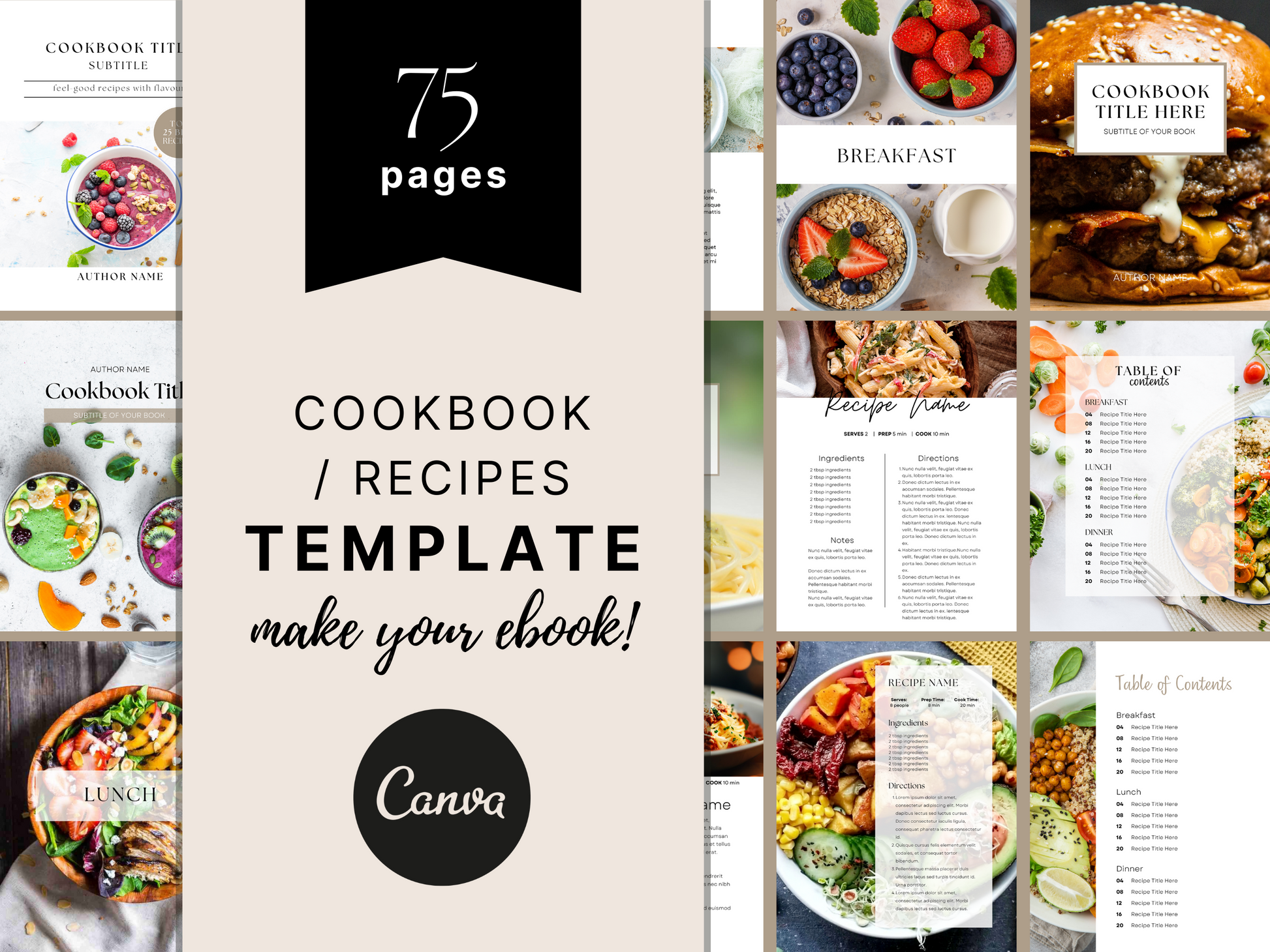 Cookbook Template, Canva Recipe Book Template, Editable Ebook